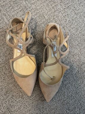 Jimmy Choo Nude/Tan Suede Pointed Toe Strappy Flats